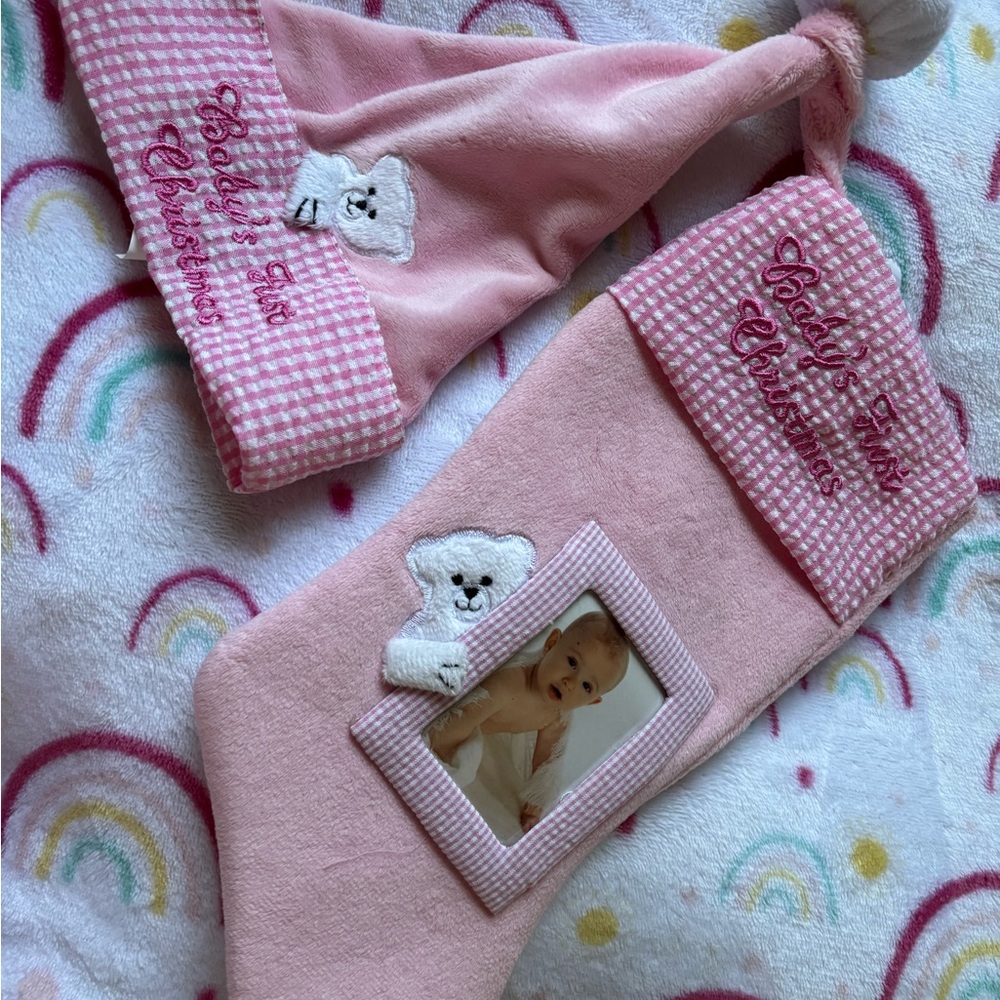 Charming Pink Bear Christmas Hat and Stocking Set